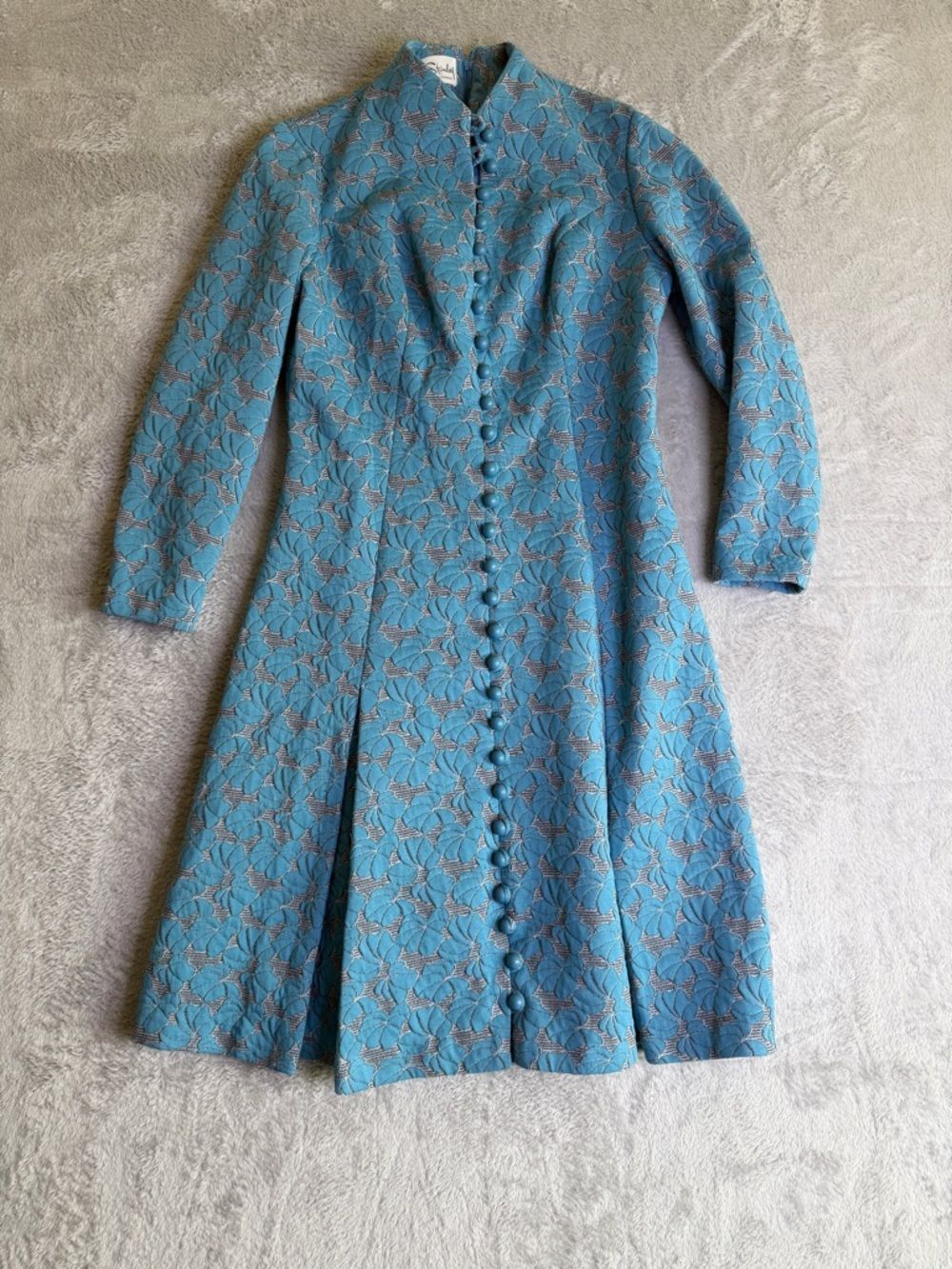 Vintage Burt Stanley Teal Floral Jacquard Button-Front Dress M